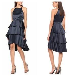 Nanette Lepore Dress Satin Navy Blue Ink Tiered High Low Halter Neck Midi 8